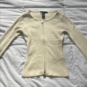 Forever 21 Cream Ribbed Zip-Up Knit Top